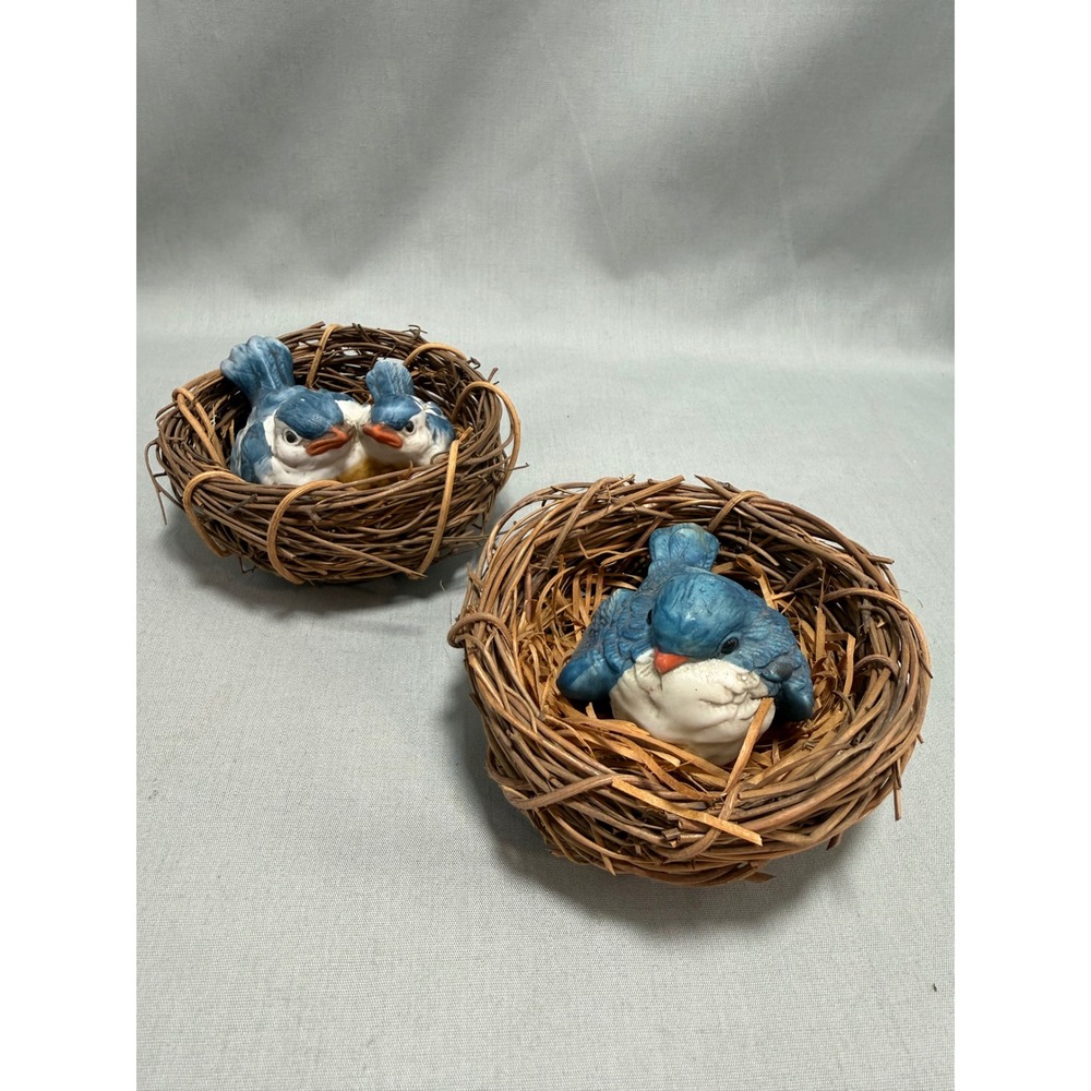 Meico Vintage Bluebird Figurines in Woven Nests Blue Ceramic Birds Cottagecore